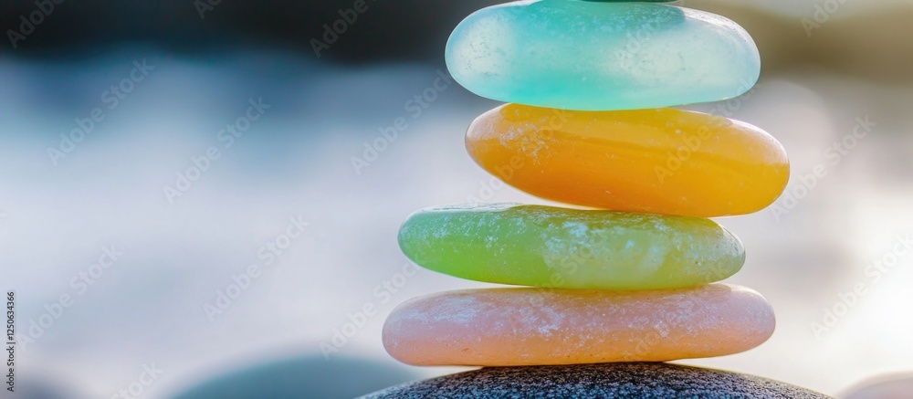 Aufkleber Sea glass pebbles stacked symbolizing harmony teamwork balance and unity in nature showcasing calming colors and textures