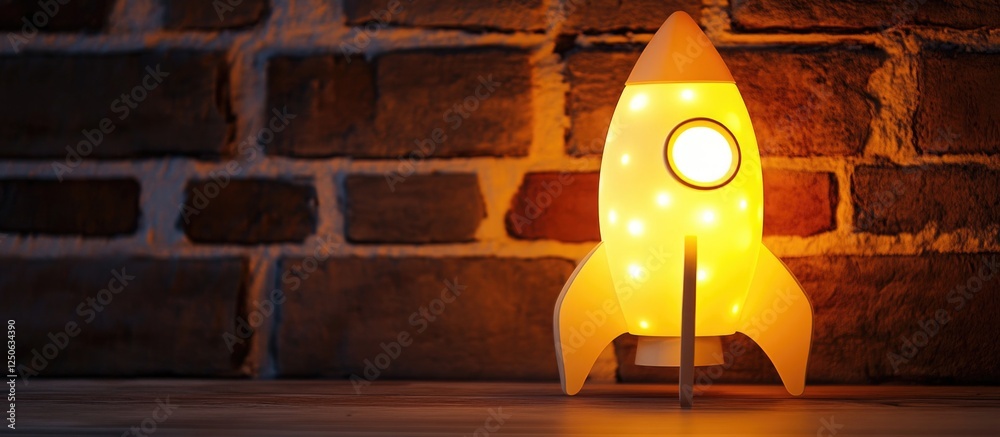 Poster rocket shaped night lamp glowing against a rustic brick wall with space for text or branding element