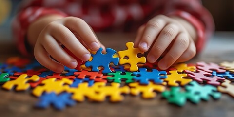 Banner, An autistic child`s hands play colorful jigsaw puzzle symbol of public awareness for autism spectrum disorder. autistic child`s hands playing a puzzle. World Autism Awareness day April 2