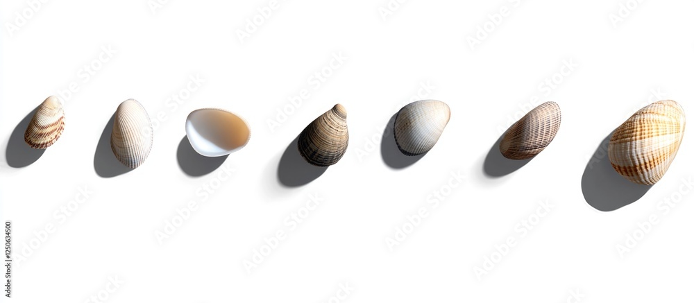 Poster Collection of assorted sea shells displayed on a clean white background showcasing natural textures and colors for decorative use.