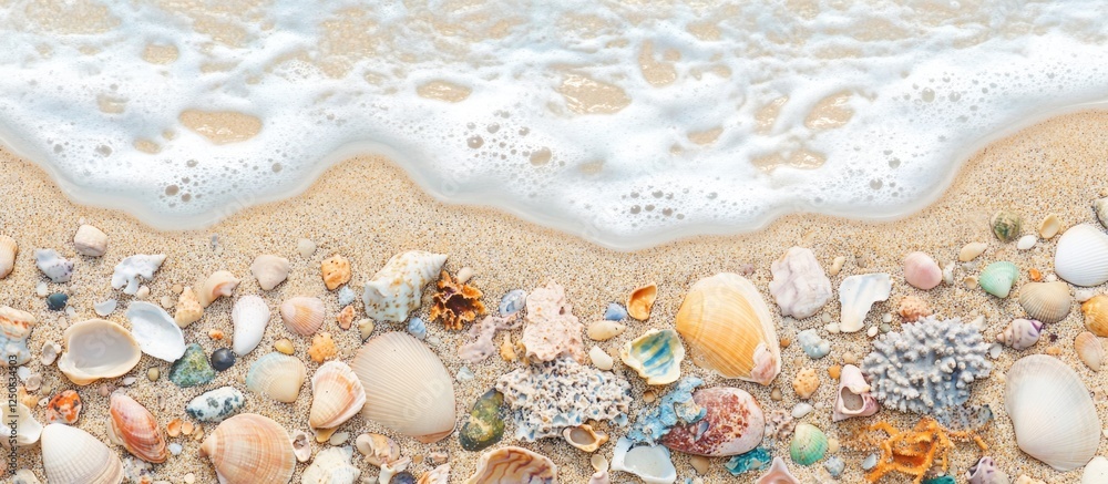 Poster colorful beach sand with various shells, corals, and stones near the shoreline with gentle waves cre