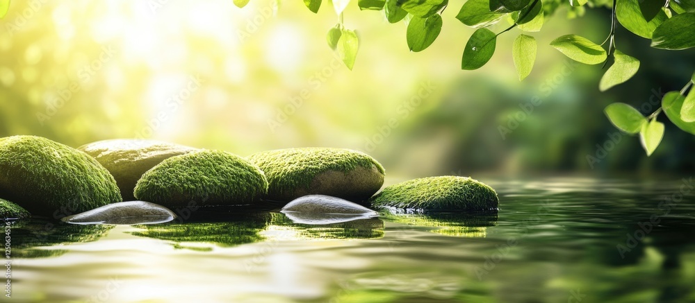 Poster serene river scene with moss-covered rocks reflecting sunlight near lush greenery in a tranquil wate
