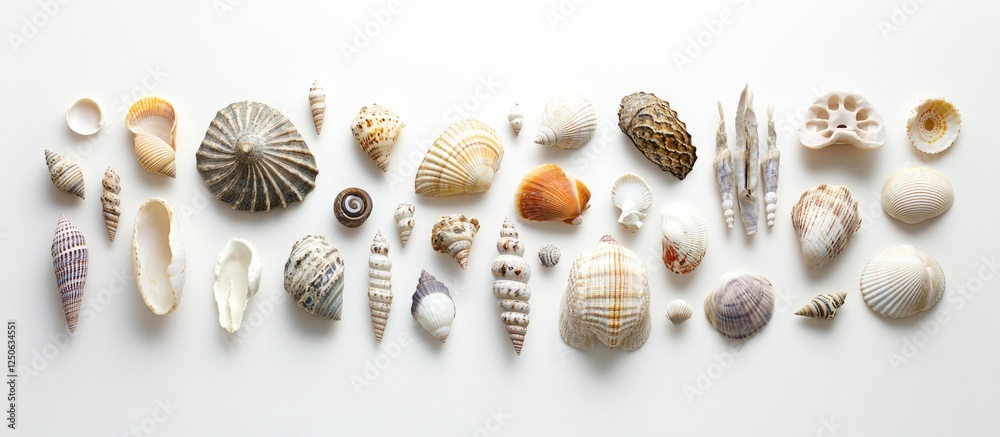 Aufkleber Assorted sea shells arranged neatly on a white background showcasing diverse textures and colors for marine-themed designs.