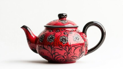 Stunning Red Enamel Teapot with Floral Design on White Background Perfect for Vintage Kitchen Decor