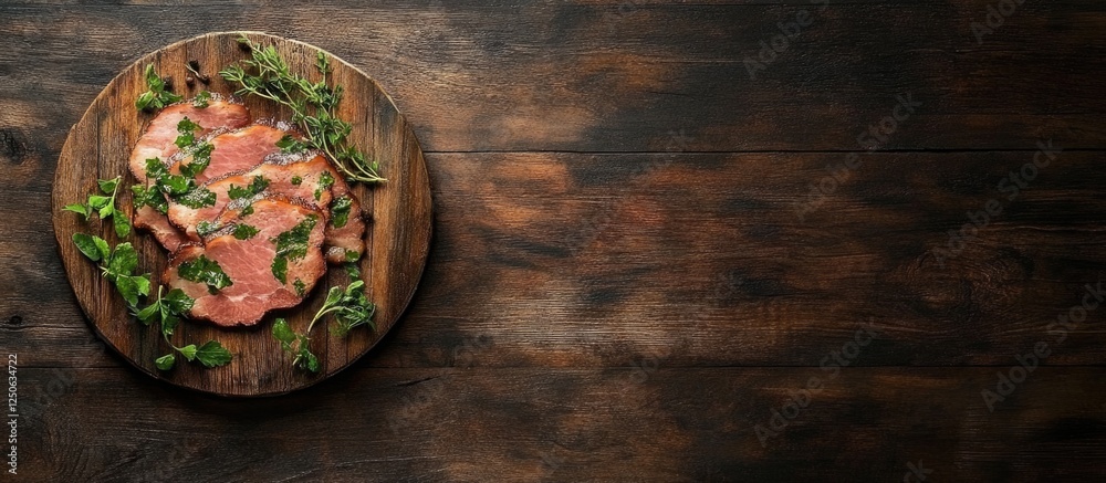 Poster savory herb-infused ham on rustic wooden table with ample blank space for text or promotional conten