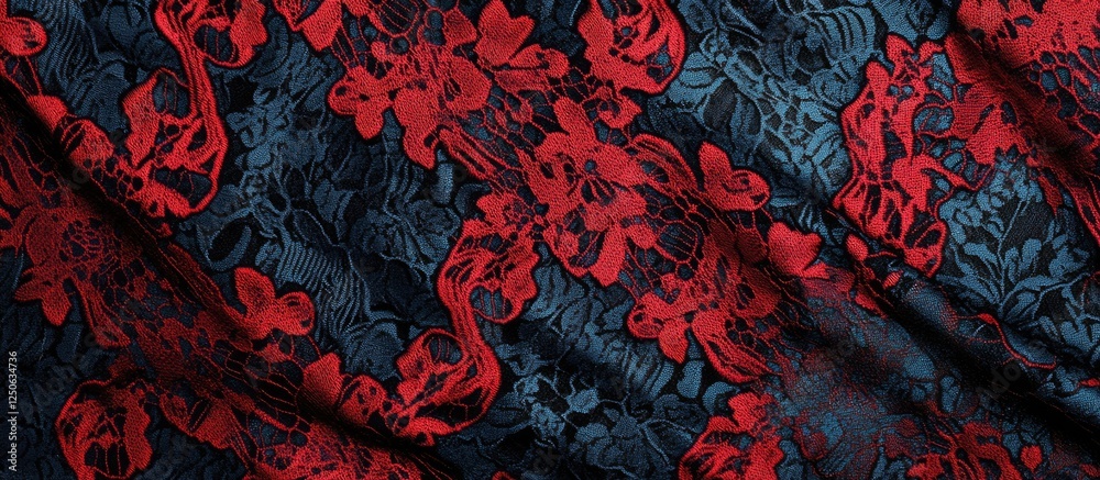 Poster elegant red lace fabric against a deep blue background featuring intricate floral patterns and ruby 