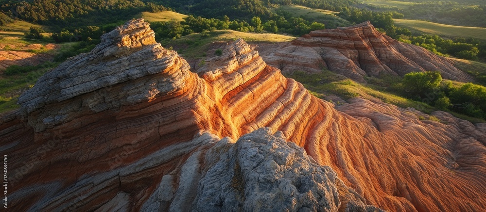 Poster aerial view of colorful layered rock formations in a scenic landscape showcasing natural textures an
