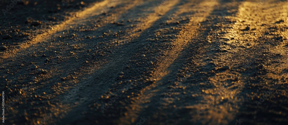 Poster textured road surface illuminated by warm sunlight highlighting the patterns and imperfections in th