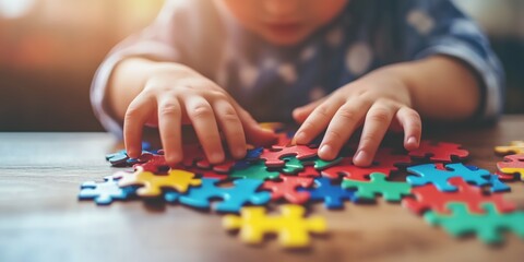 Fototapeta premium Banner, An autistic child`s hands play colorful jigsaw puzzle symbol of public awareness for autism spectrum disorder. autistic child`s hands playing a puzzle. World Autism Awareness day April 2