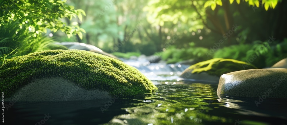 Poster serene river scene with moss-covered rocks surrounded by lush greenery and soft sunlight reflecting 