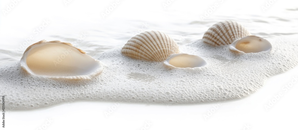 Poster coastal serenity collection with seashells on soft sand against a clean white background for tranqui