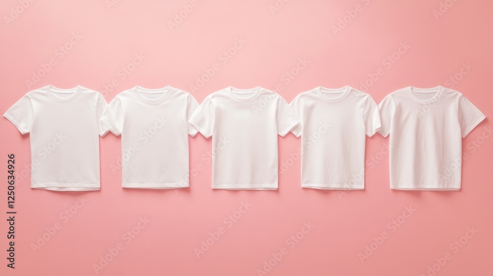 Poster five plain white t-shirts arranged in a row against a soft pink background ideal for fashion and app