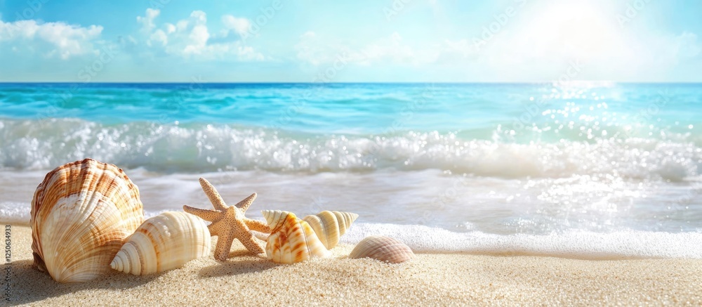 Poster beach scene with seashells and smooth sand under bright sunlight and gentle ocean waves in a serene 