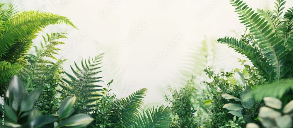 Poster Lush greenery background with ferns and tropical plants ideal for versatile design projects and nature-themed compositions.