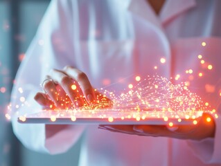 Futuristic Climate Research Scientist in Smart Lab Analyzing Digital Graphs on Tablet - Cutting-edge Green Tech Content and Environmental Science Innovation