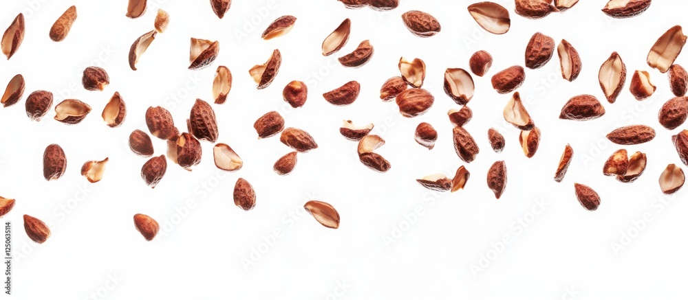Aufkleber Falling roasted peanuts with shells on a white background creating an abstract food pattern for culinary and snack-related designs