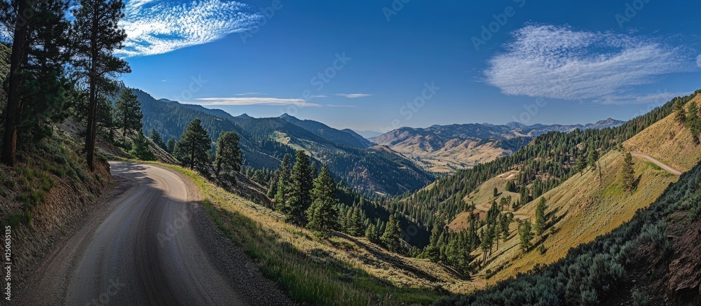 Poster curved scenic mountain road with panoramic views and open space for text in a natural landscape envi