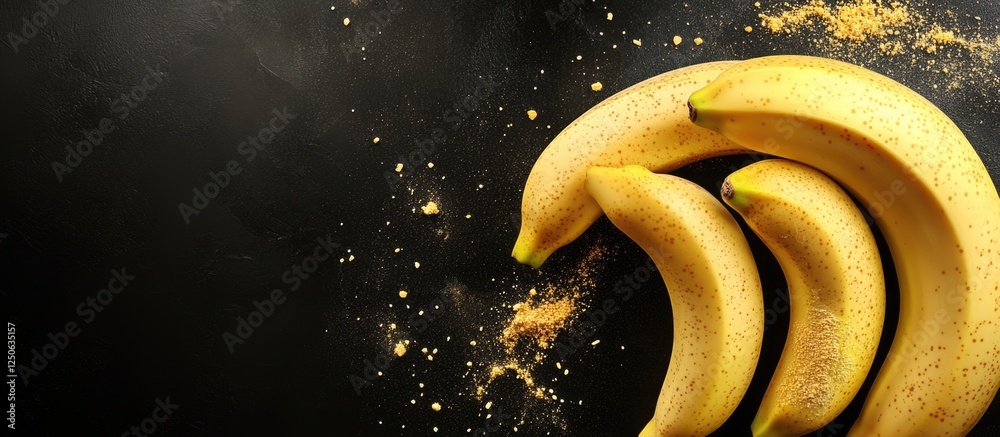 Poster ripe bananas arranged on a black background with golden dust and space for text or creative design e
