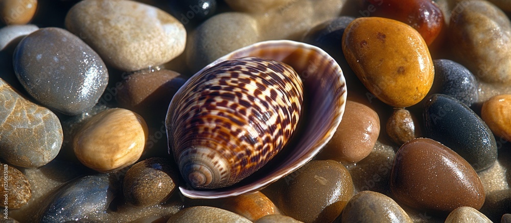 Poster colorful seashell resting on a bed of smooth pebbles at the beach showcasing nature's beauty and int