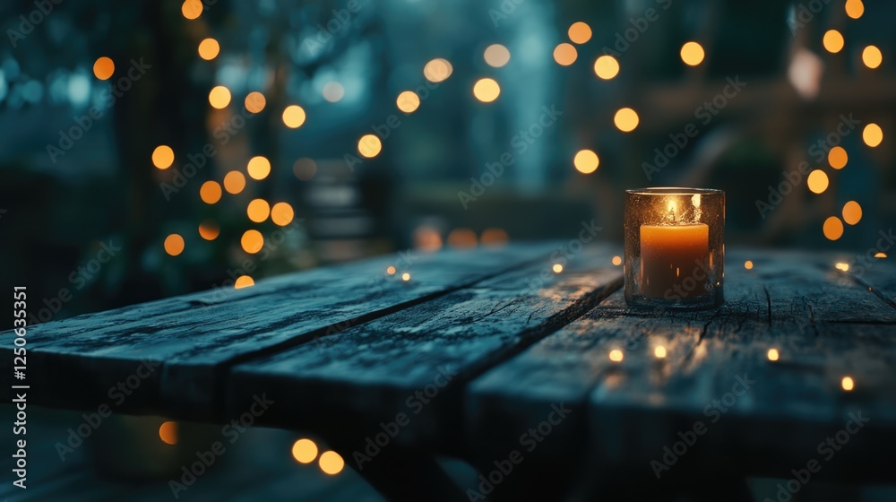 Aufkleber Rustic wooden table with candle surrounded by warm glowing bokeh lights creating a cozy and inviting atmosphere in the evening.