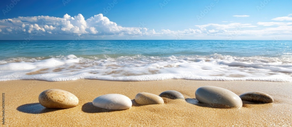 Poster pebbles on sandy beach with gentle waves and clear blue sky creating a serene nature landscape ideal