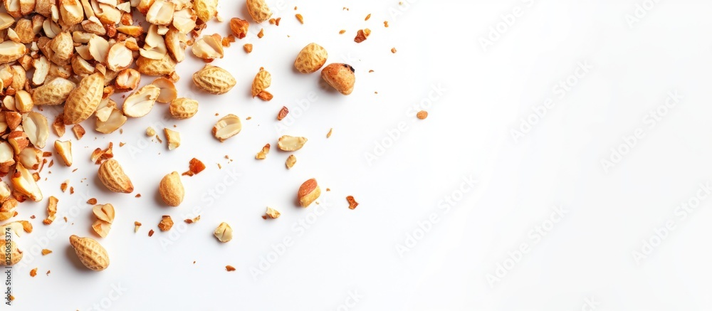 Poster roasted peanuts scattered on a clean white background showcasing their texture and color variations 