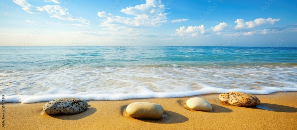 Poster idyllic shoreline with smooth pebbles and gentle waves under a clear blue sky creating a serene coas
