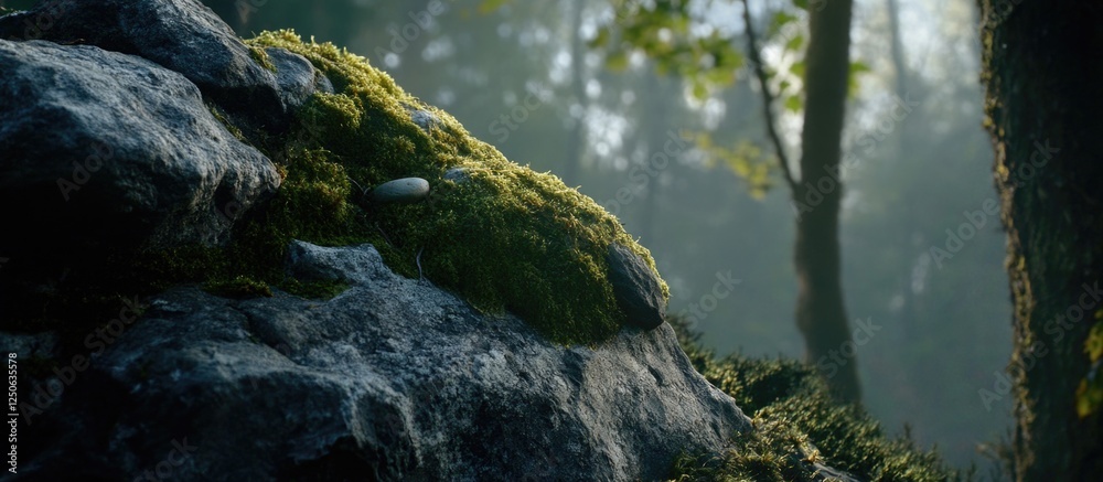 Poster Moss-covered rock in a serene forest setting with soft sunlight filtering through trees
