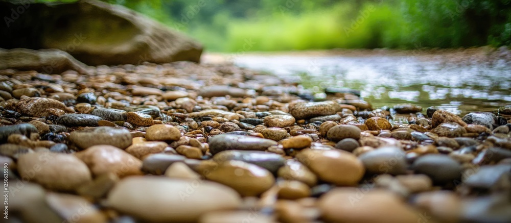 Poster river stones on ground with natural texture and blurred green background creating a serene outdoor a