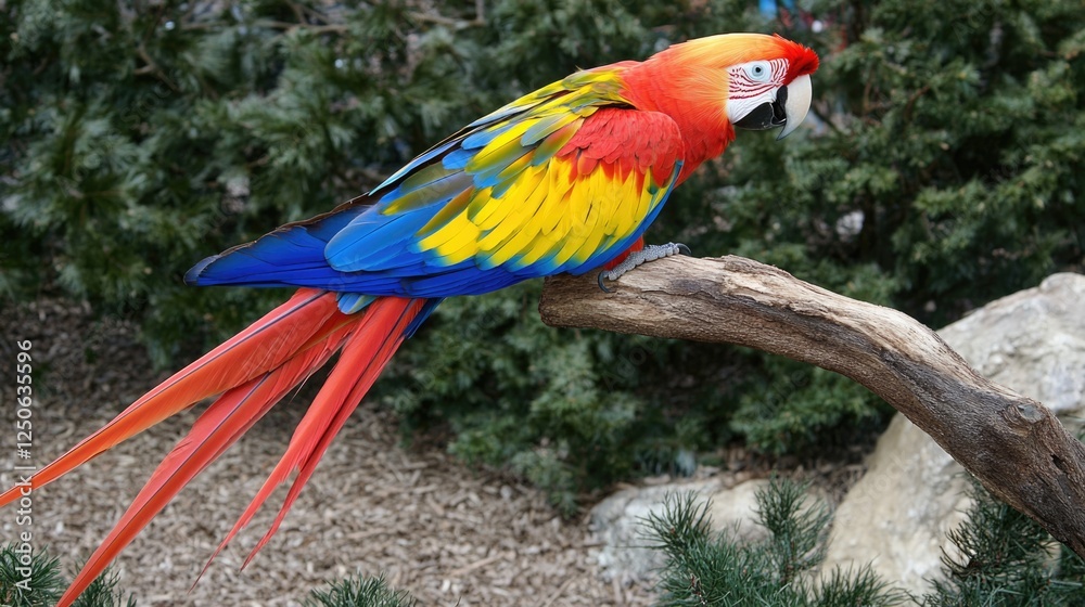 Poster Scarlet macaw displaying vibrant plumage while perched on a branch in a lush natural setting surrounded by greenery.