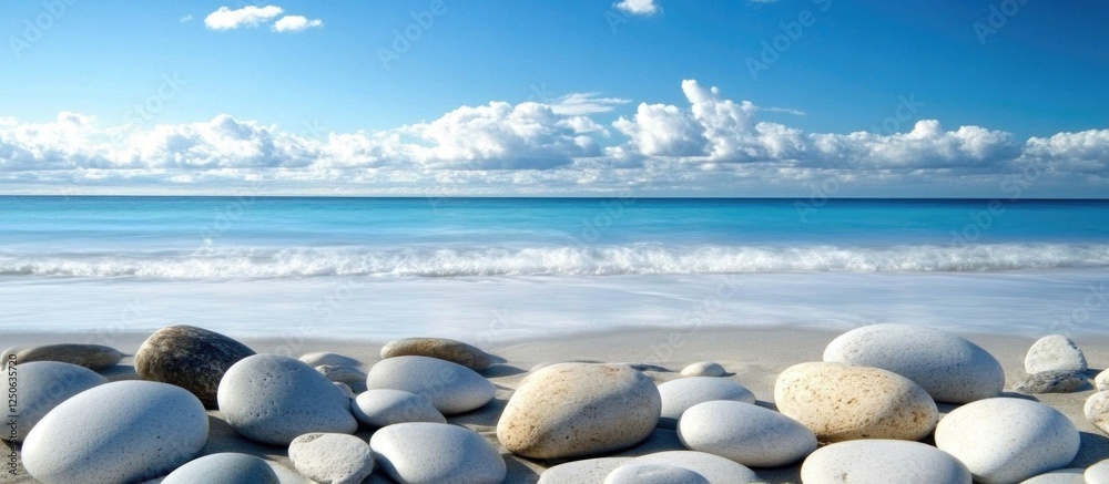 Aufkleber calm shoreline with smooth grey pebbles and serene blue ocean under a clear sky with fluffy white cl