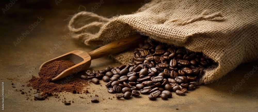 Poster roasted coffee beans spilling from burlap sack with wooden scoop on rustic background
