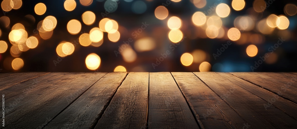 Poster Romantic heart shaped bokeh lights on wooden surface creating a dreamy setting for Valentine's Day promotions with space for text.