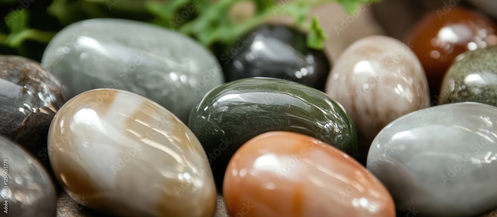 Aufkleber Smooth river stones arranged artistically with greenery creating a serene natural background for various design purposes.