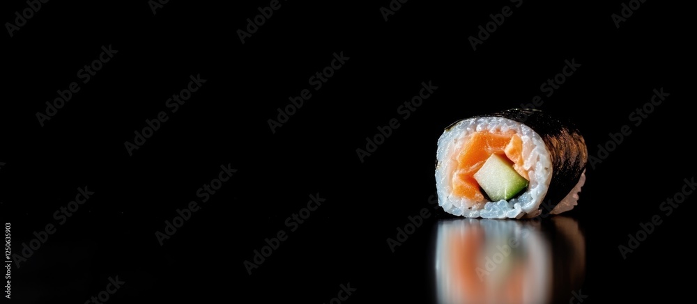 Poster Salmon sushi roll with carrot and cucumber on a reflective surface isolated on black background with space for text