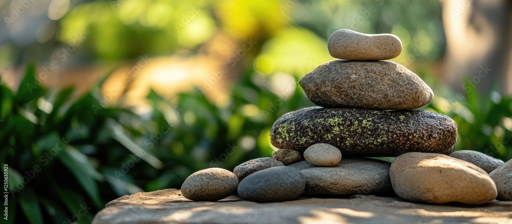 Poster zen garden stones arranged in a balanced stack surrounded by lush greenery showcasing tranquility an