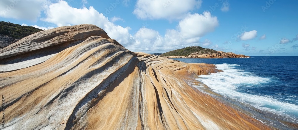 Aufkleber sandstone rocks shaped by ocean tides with dramatic layers under a bright blue sky and gentle waves 