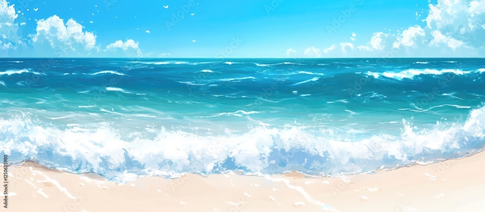 Poster serene beach scene with white foam waves rolling onto pristine white sand under a bright blue sky an