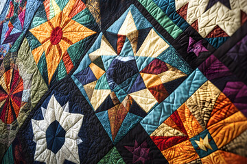 Vivid Geometric Quilt Pattern: A Seamless Blend of Colorful Motifs in a Harmonious Patchwork Design