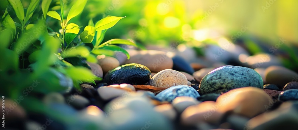Poster Rocks and stones surrounded by fresh green foliage in spring with a soft depth of field effect.