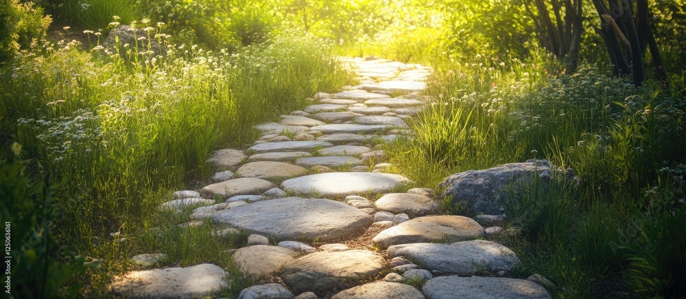 Poster serene pathway of smooth and rugged stones through lush greenery illuminated by warm sunlight