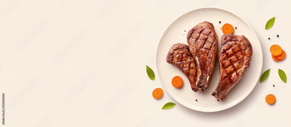 Poster savory roasted pork steaks garnished with carrots on a plate with blank space for text or branding p