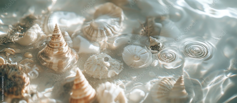 Poster Close up of various sea shells submerged in shimmering water creating a tranquil and textured marine background for nature themes