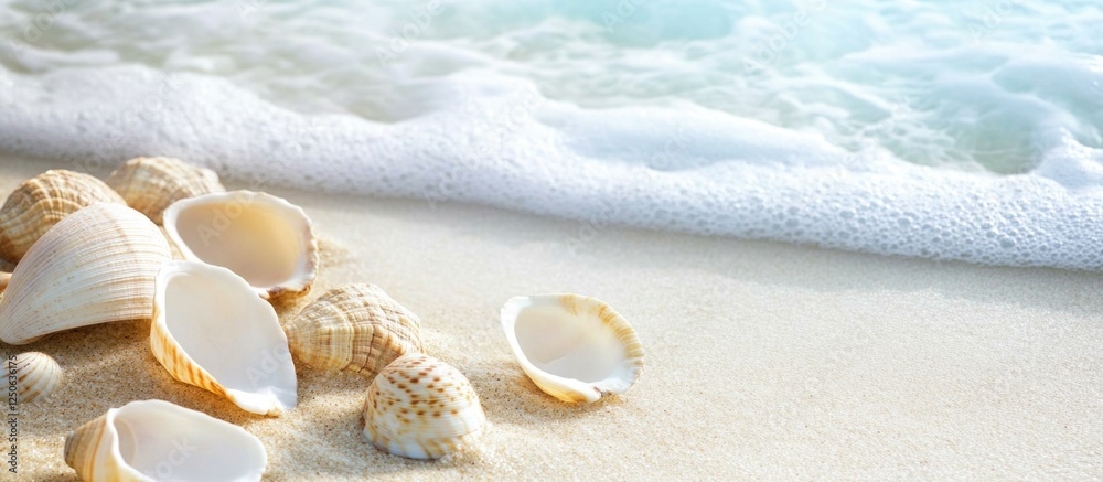 Aufkleber Seashells on sandy beach with gentle waves creating a serene coastal scene ideal for summer themes and messaging.