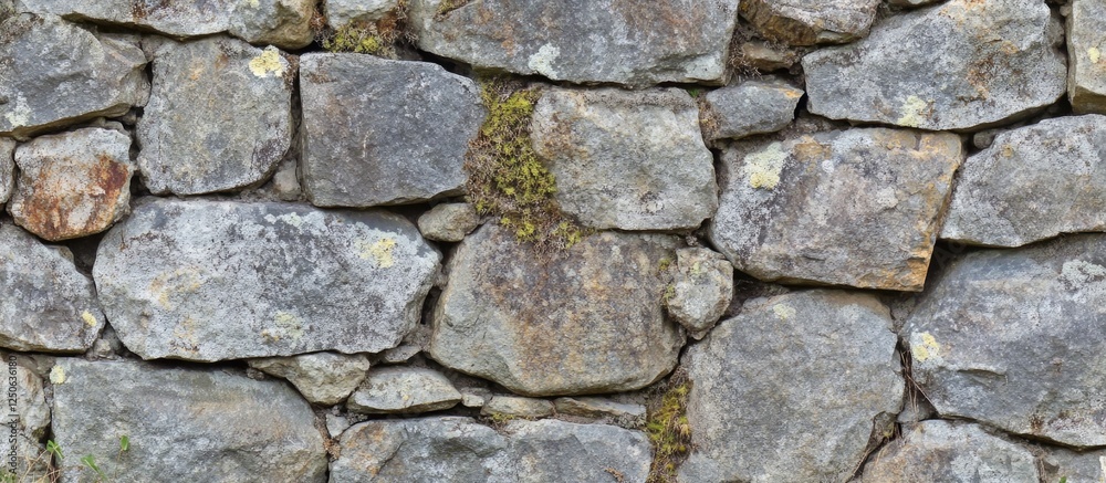 Poster Textured stone wall with mossy elements ideal for backgrounds in architecture nature or rustic design projects