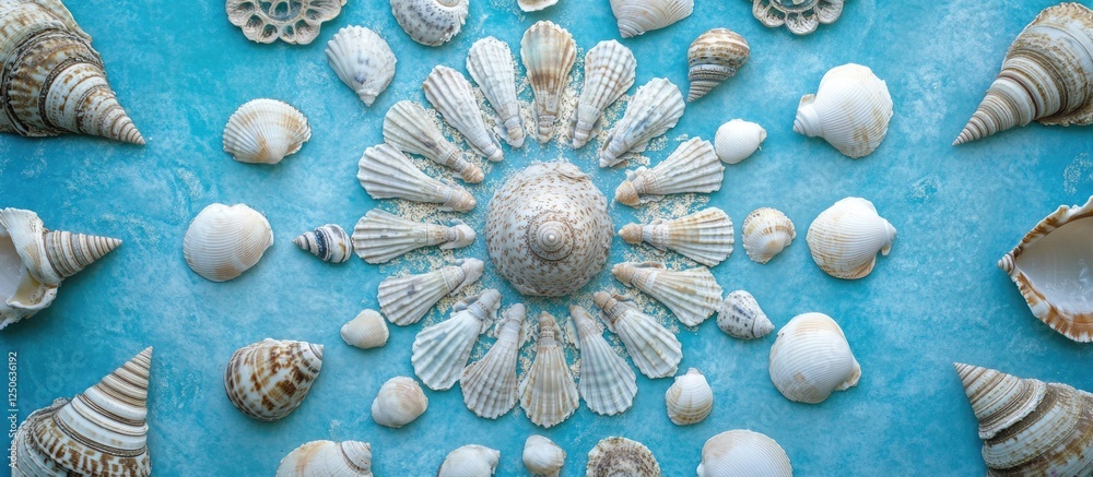 Poster Sea shells mandala design arranged in a circular pattern on a vibrant blue background showcasing natural textures and coastal aesthetics.