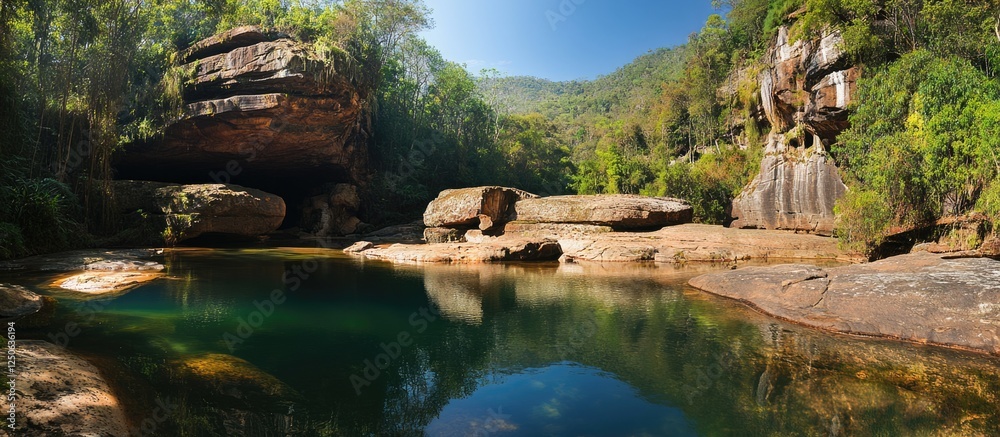 Poster devil's cave panoramic view in eldorado sao paulo showcasing lush greenery and tranquil waters in ja