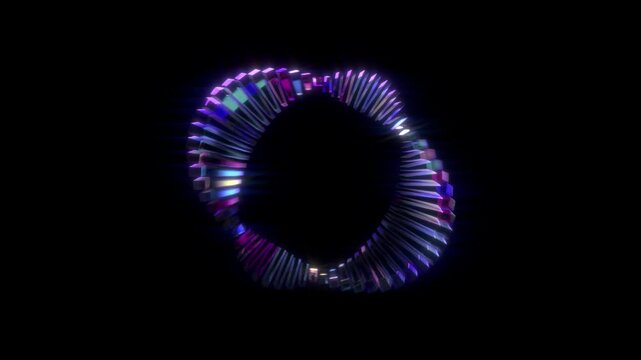 Circular array of glowing, shiny glass pillars in infinite animation. Abstract geometric 3d animation on alpha.