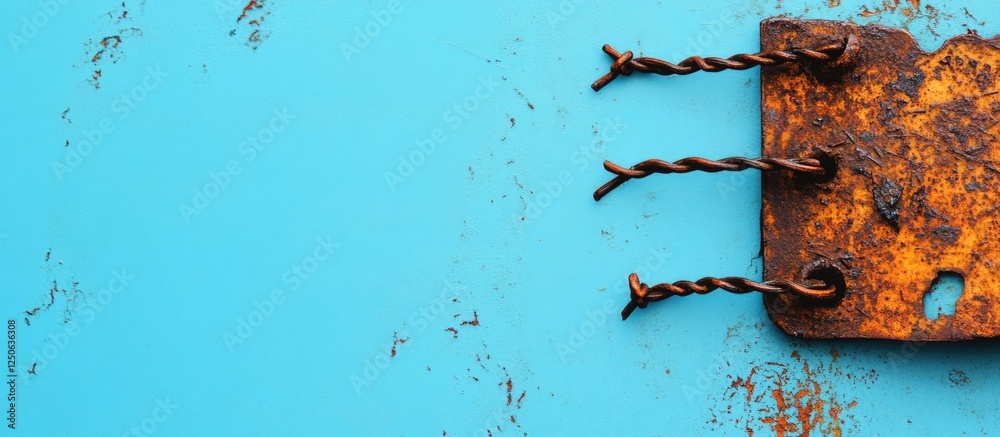 Poster Rusty metal fragments fastened with wire on a vibrant blue background with ample space for text and creative design elements