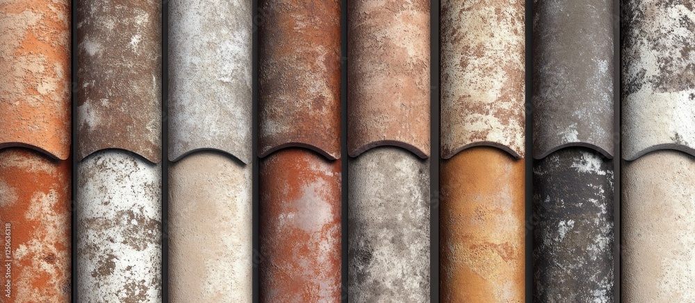 Poster Roof tile texture close-up showcasing a variety of weathered colors and patterns ideal for architectural or design backgrounds.